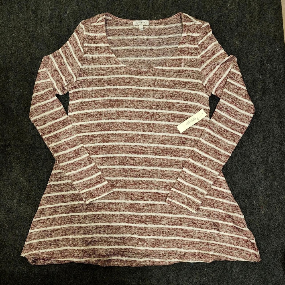 Active USA Womens Red White Striped Long Sleeve Scoop Neck T1538 Top L